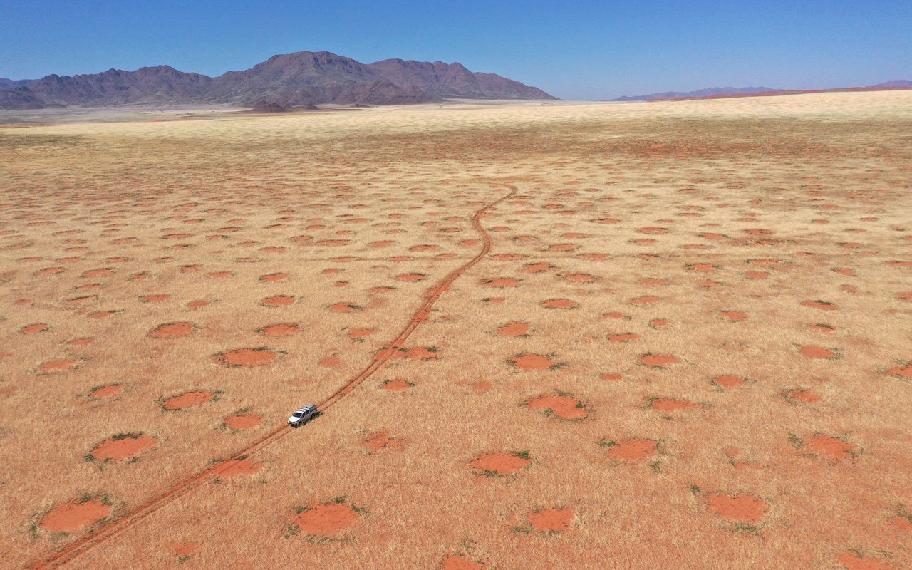 Drohnenaufnahme eines Autos im NamibRand-Naturreservat, eine der Feenkreisregionen in Namibia, wo die Forscher Gräser, Bodenfeuchte und Infiltration untersuchten (April 2022).